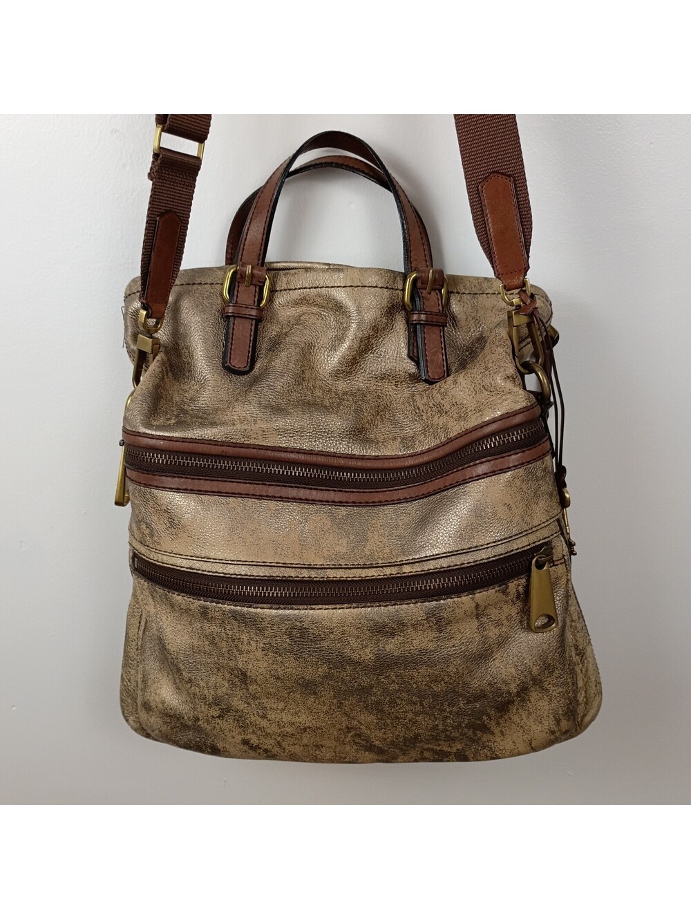 Large Fossil Explorer Leather Fold Over Crossbody Hobo Tote Shoulder Bag Pewter
